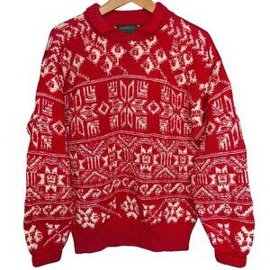 Gokeys Vintage Handknit Wool Red/White Snowflake Sweater Fair Isle Women Large